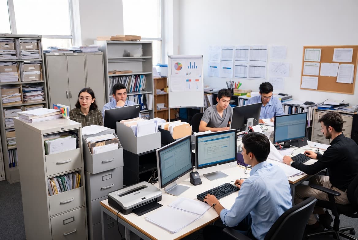 Contractor office team reviewing admin and project records