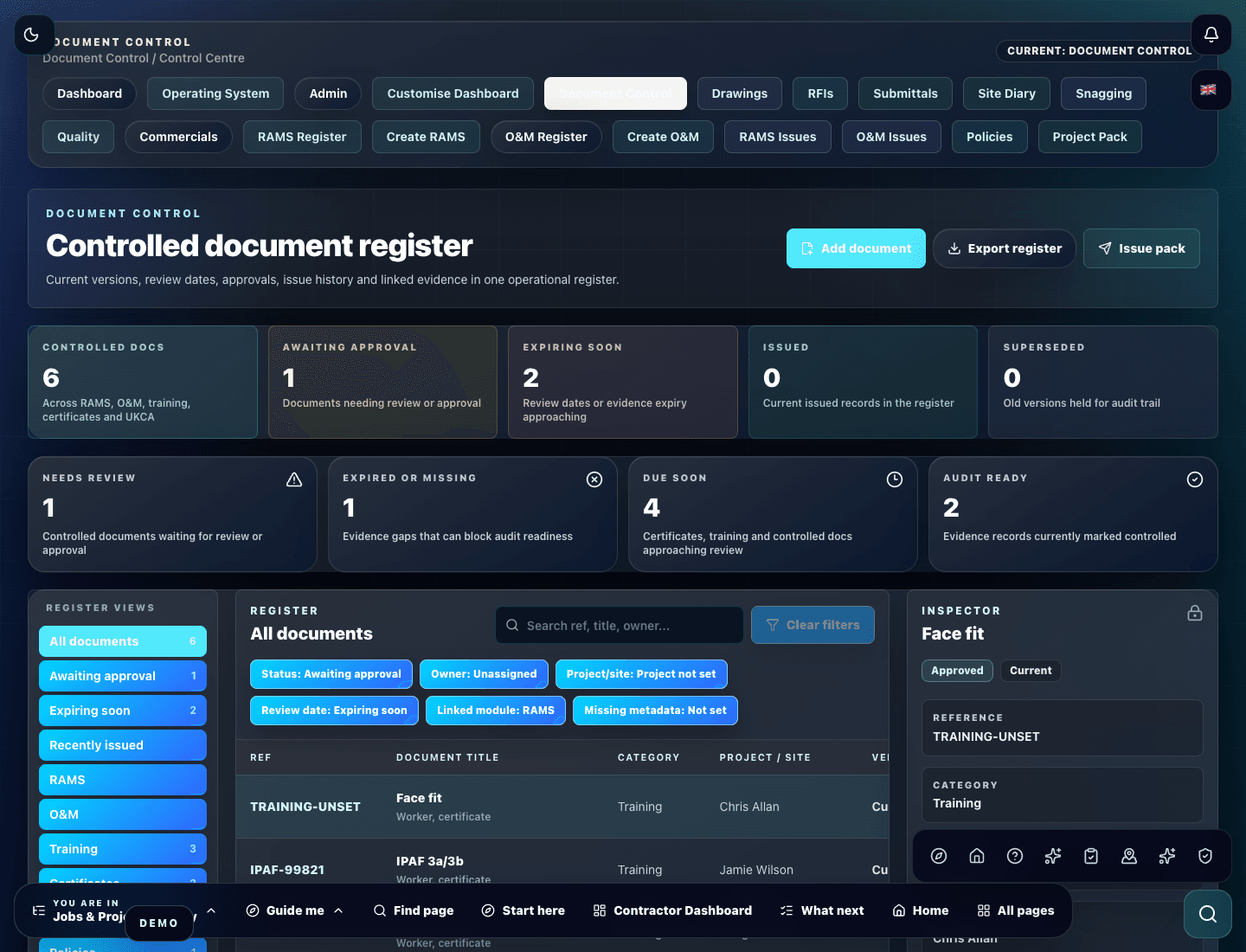 Zektrx controlled document register showing versions, approvals and evidence links