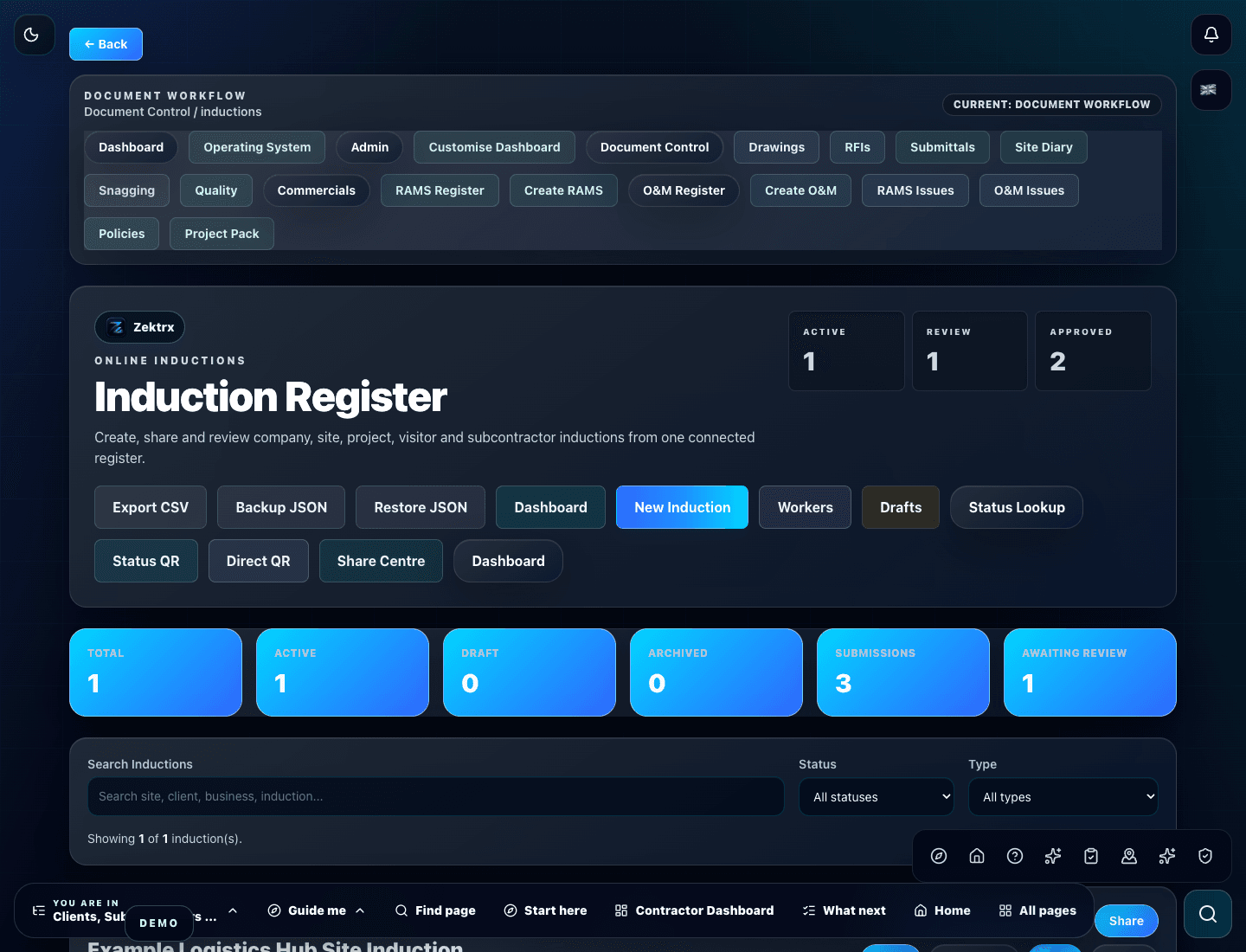 Zektrx site induction register preview
