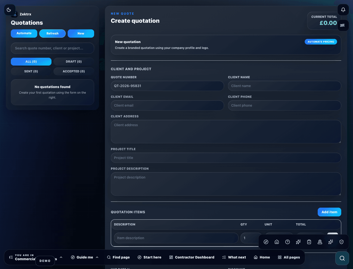 Zektrx contractor quotation workspace preview