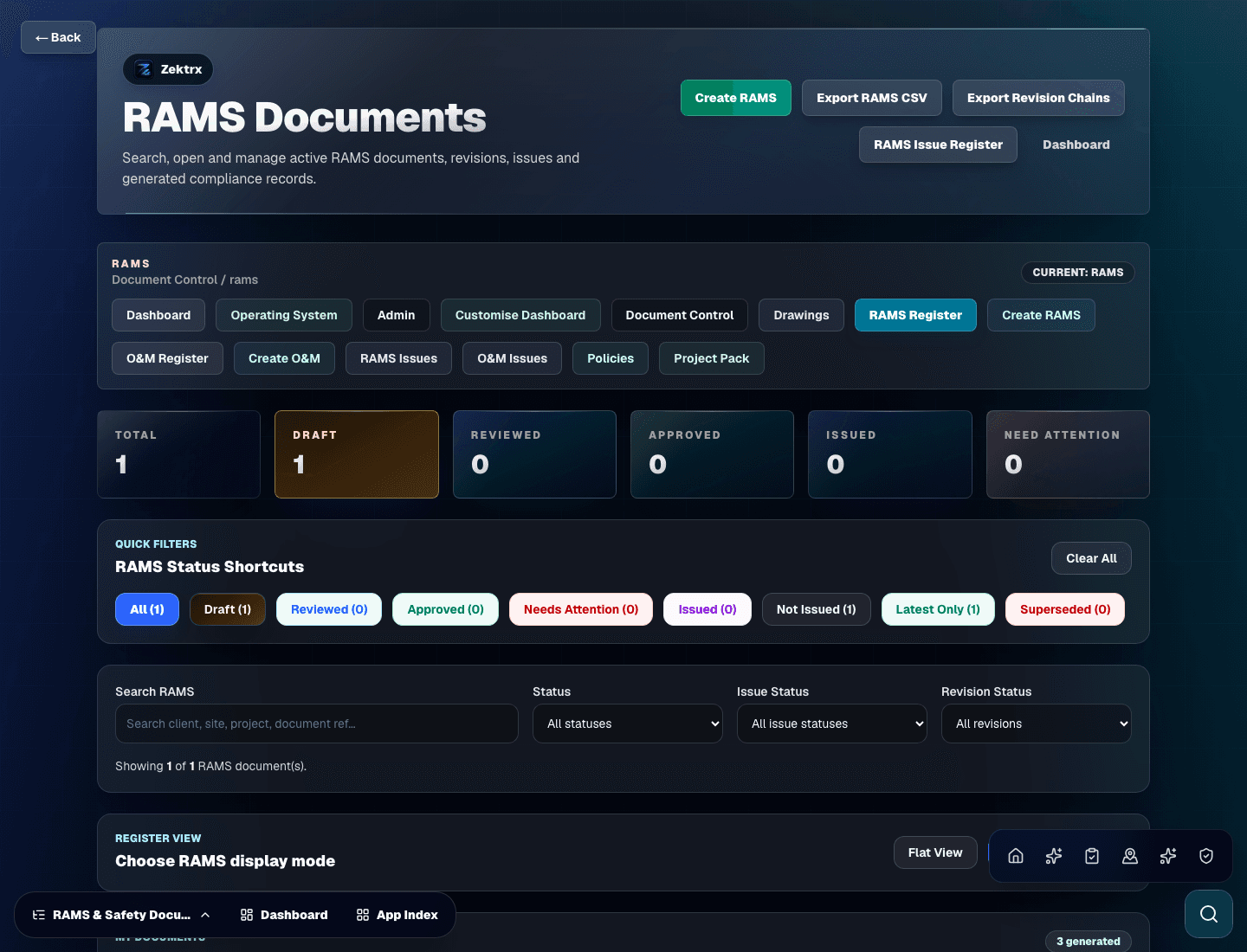Zektrx rams register product screen