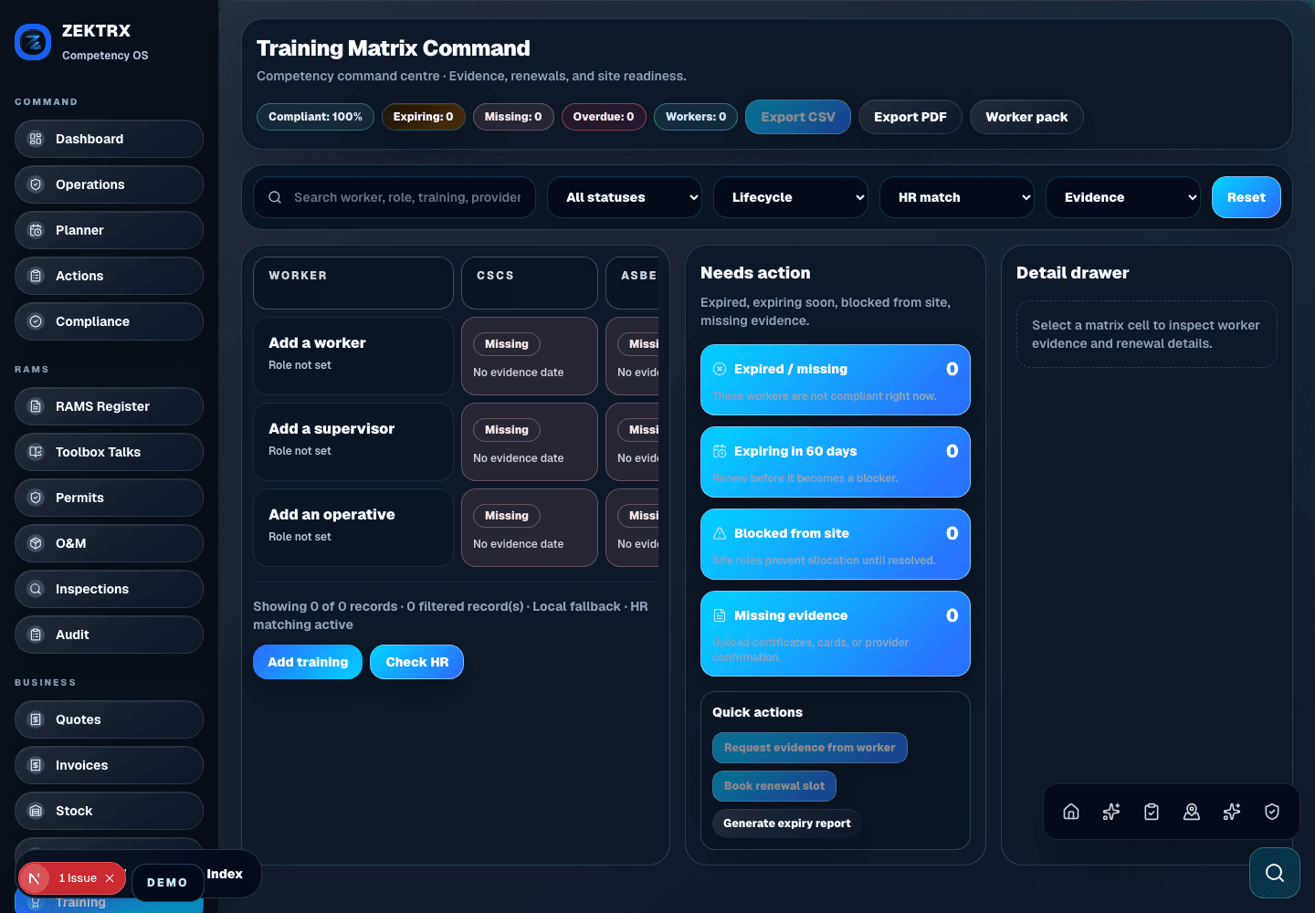 Zektrx training matrix dashboard preview