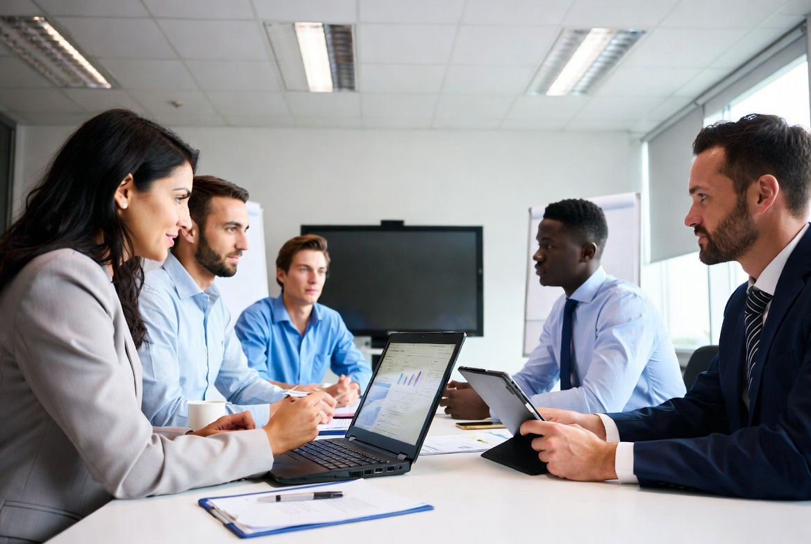 Contractor team reviewing work plans in a boardroom