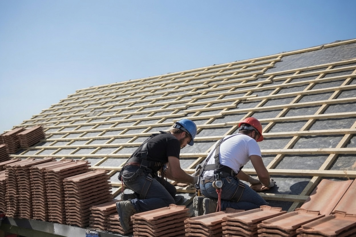 Roofing contractor working on a residential roof.
