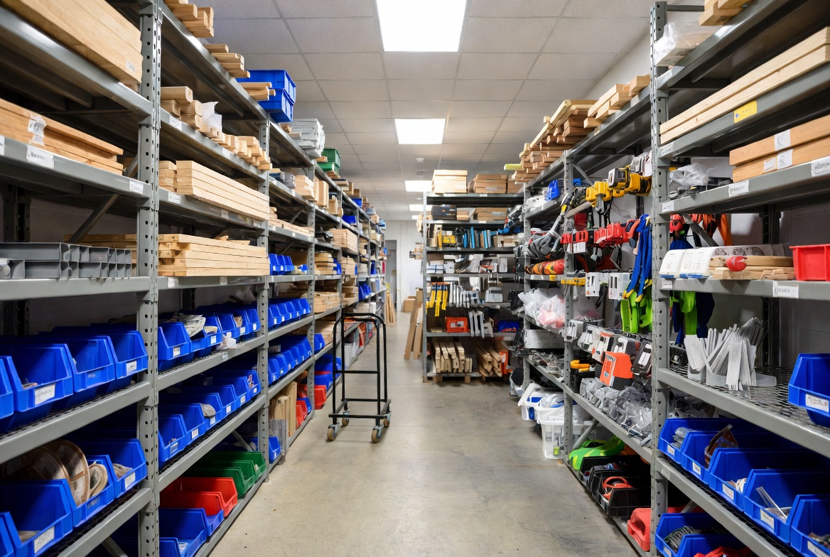 Warehouse shelves holding construction materials and tools