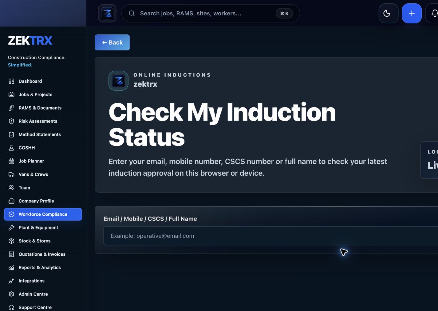 Zektrx site induction register preview