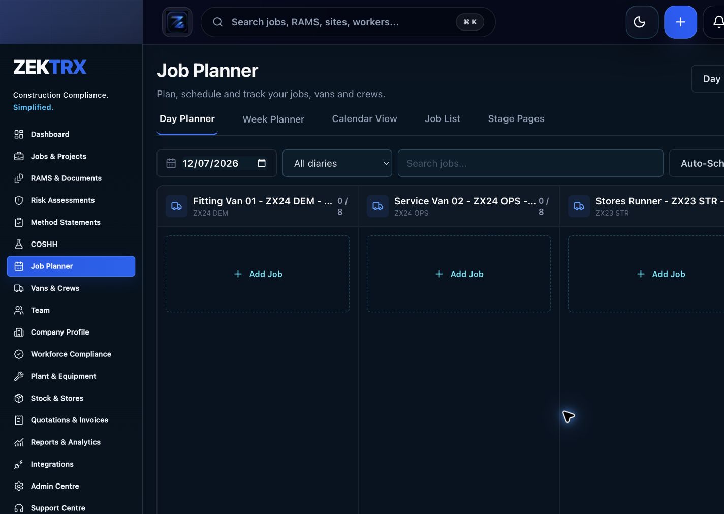Job planner screenshot in Zektrx
