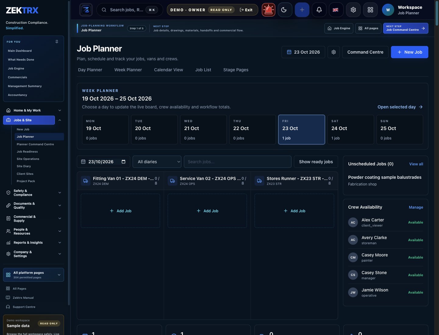 Zektrx job planner view for Australia planning terminology