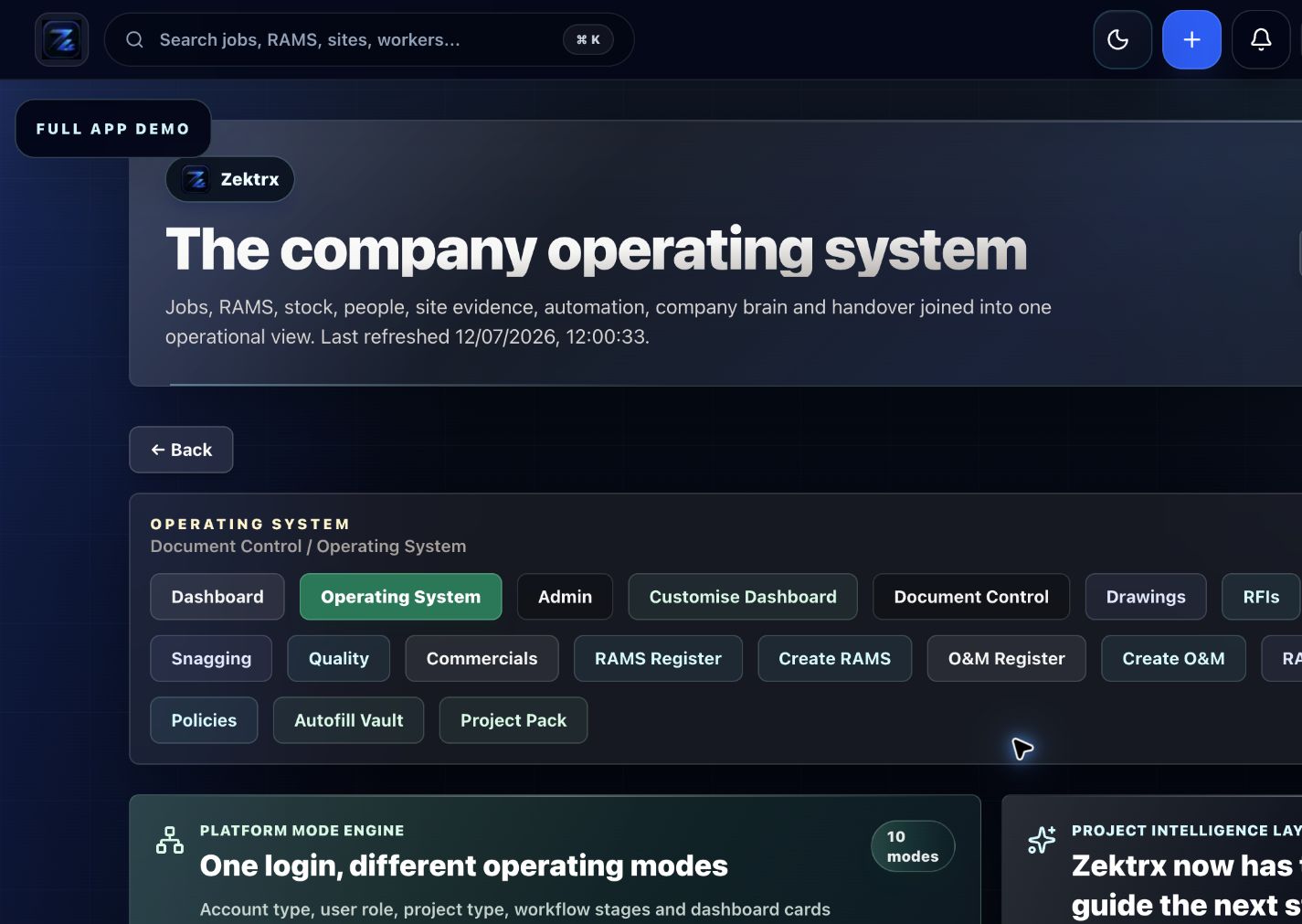 Zektrx operating system view connecting workflows, actions and management structure