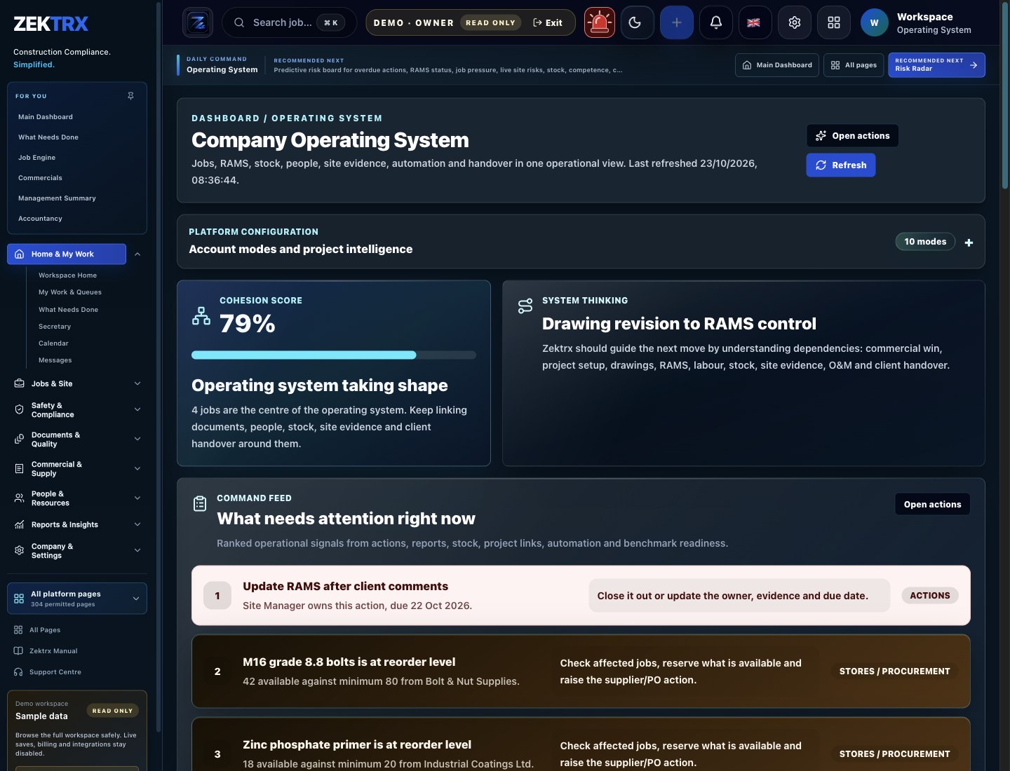 Zektrx operating system view for workflow demo fit