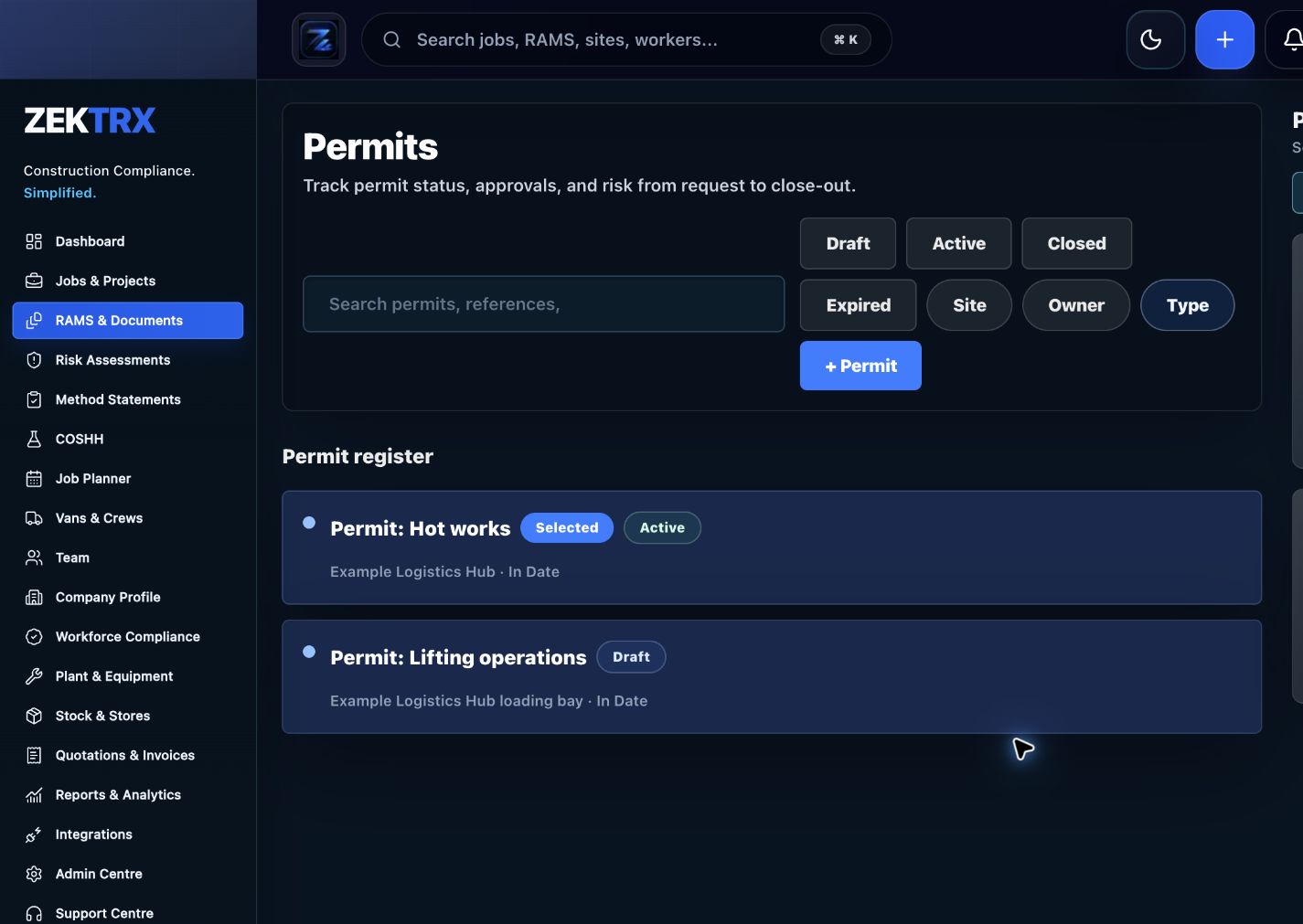 Zektrx permit to work register preview