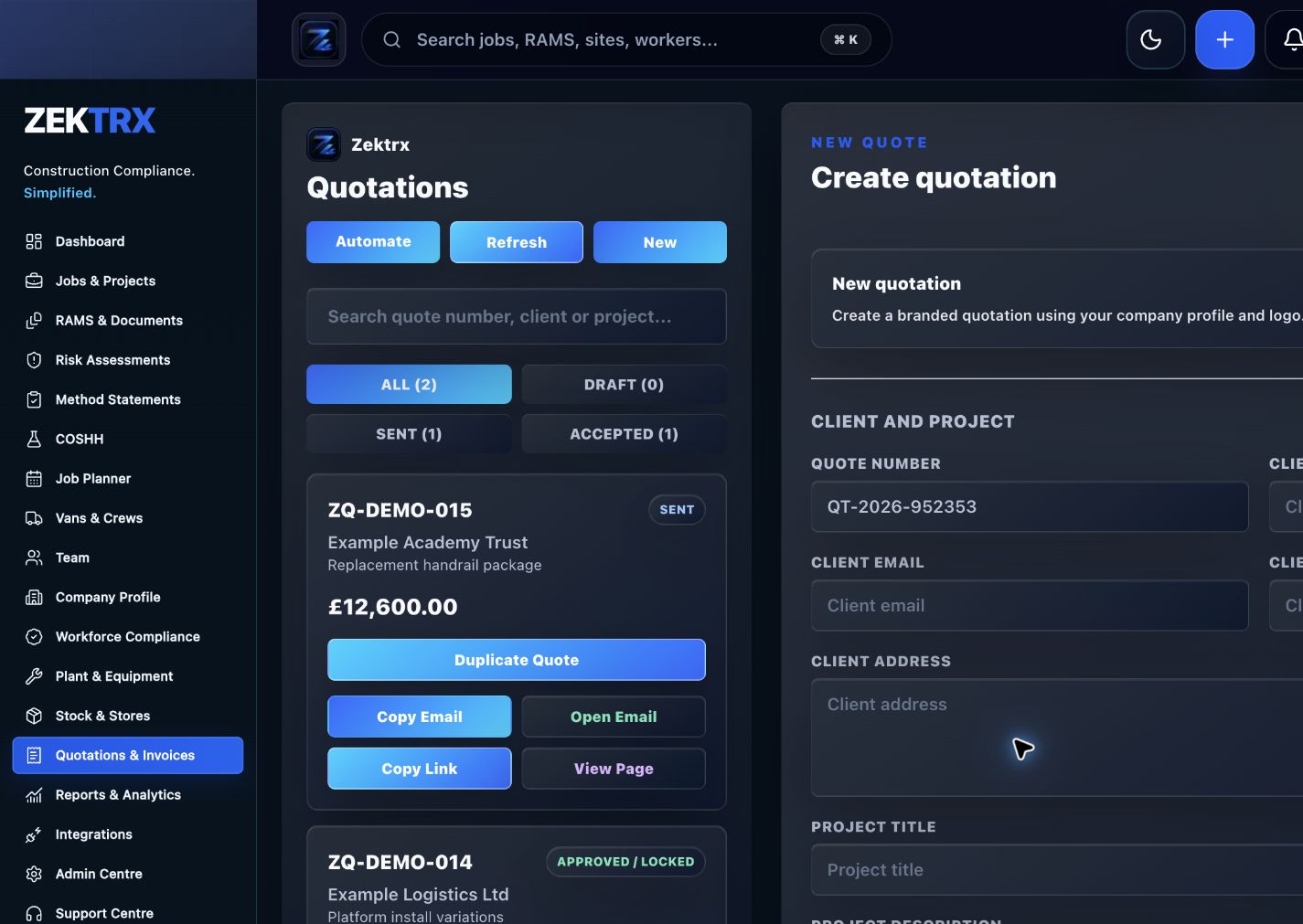 Zektrx contractor quotation workspace preview