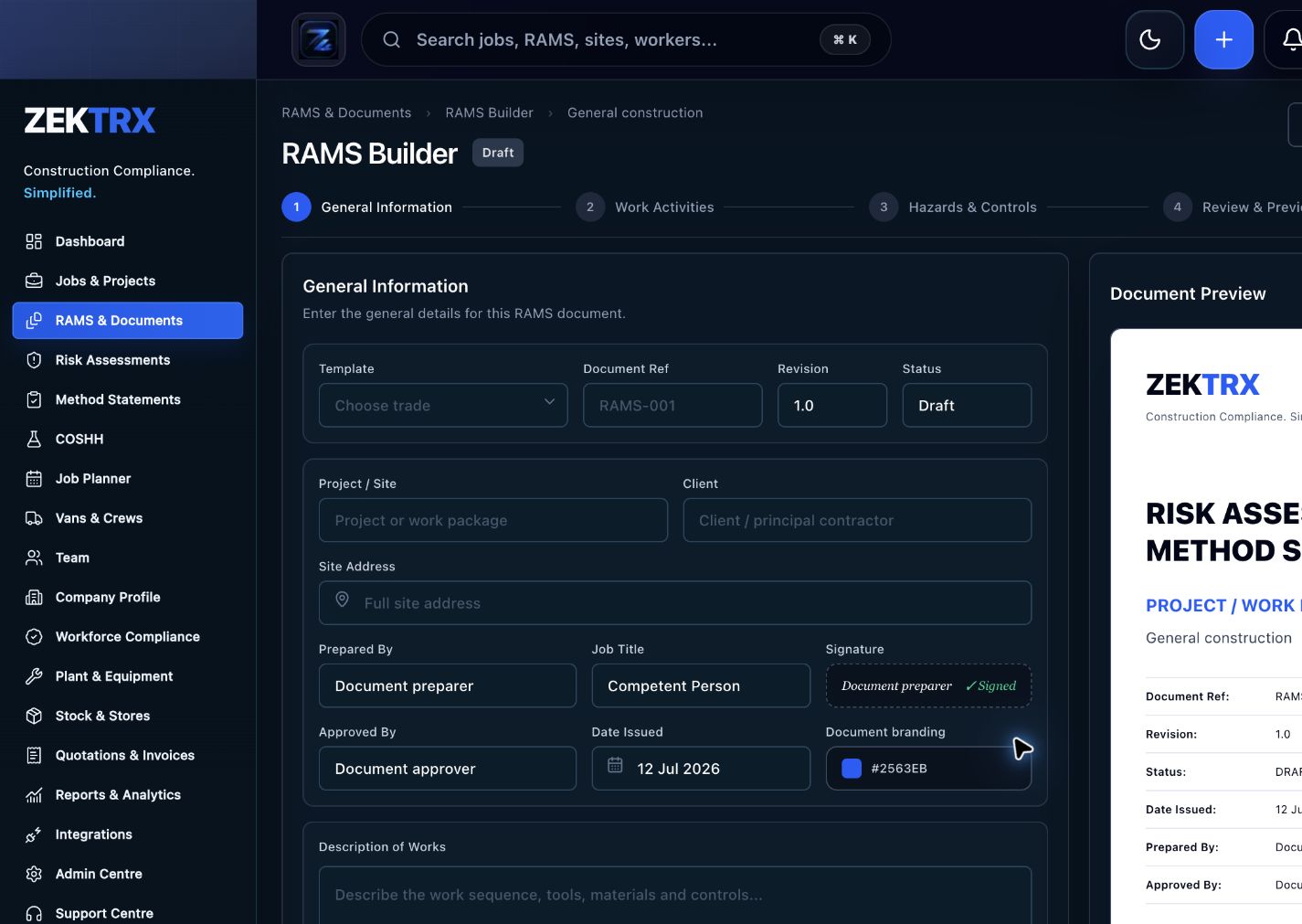 Zektrx RAMS and template creation preview