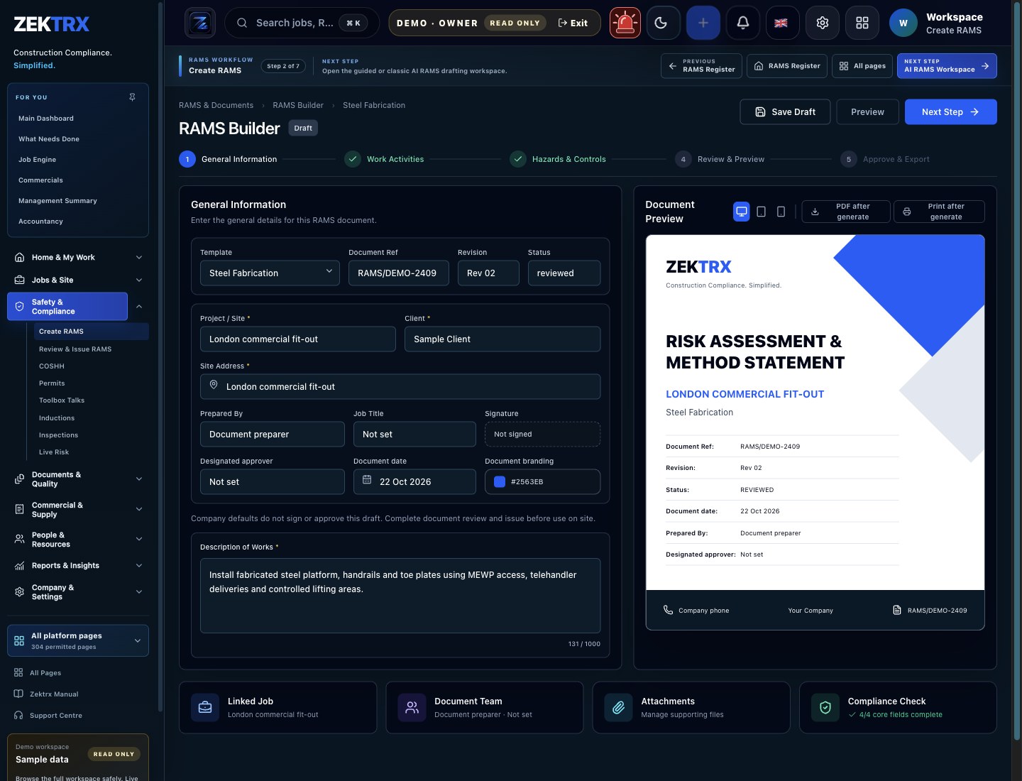 Zektrx safety document and substance-control workflow preview