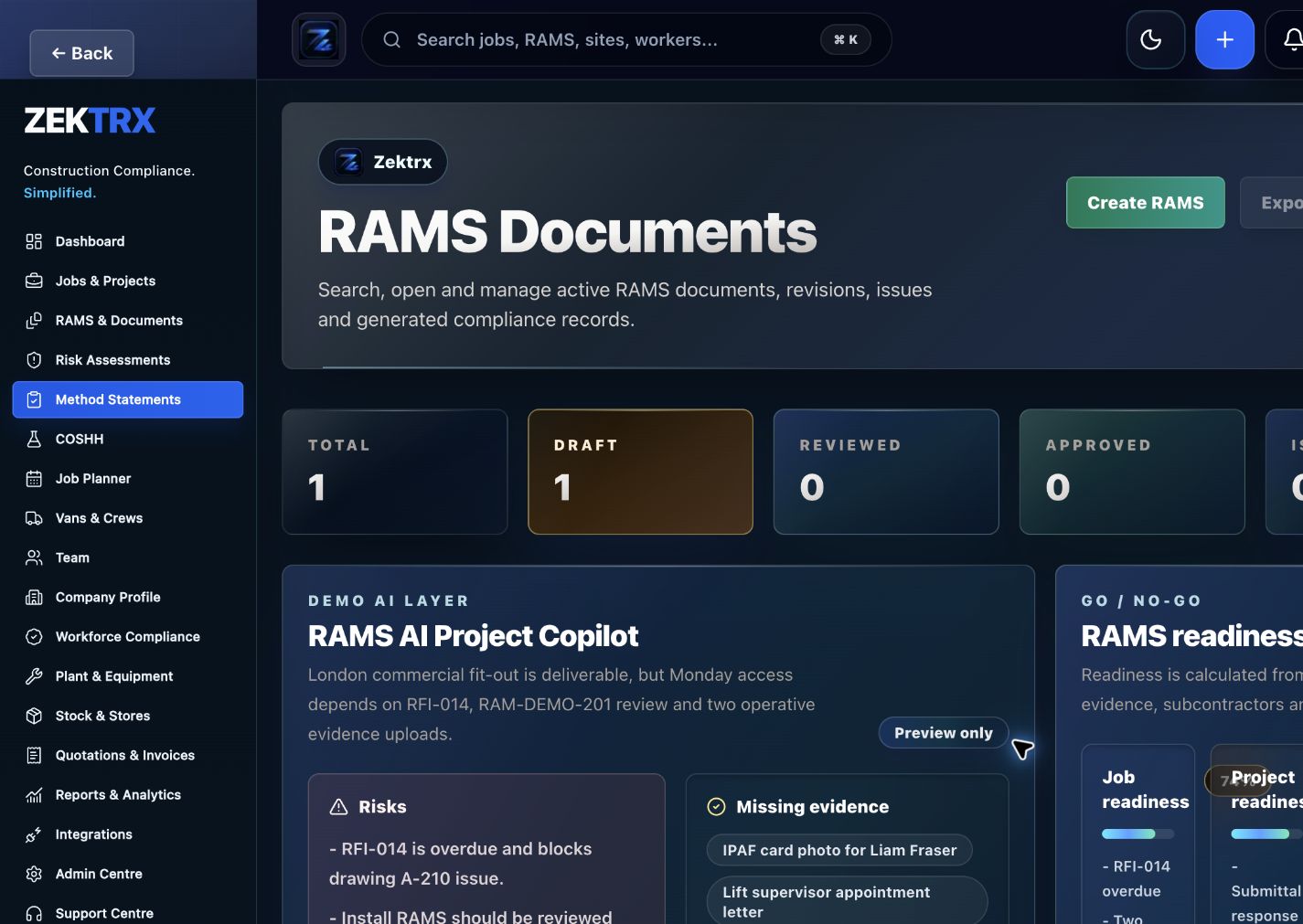Zektrx RAMS register and compliance evidence preview