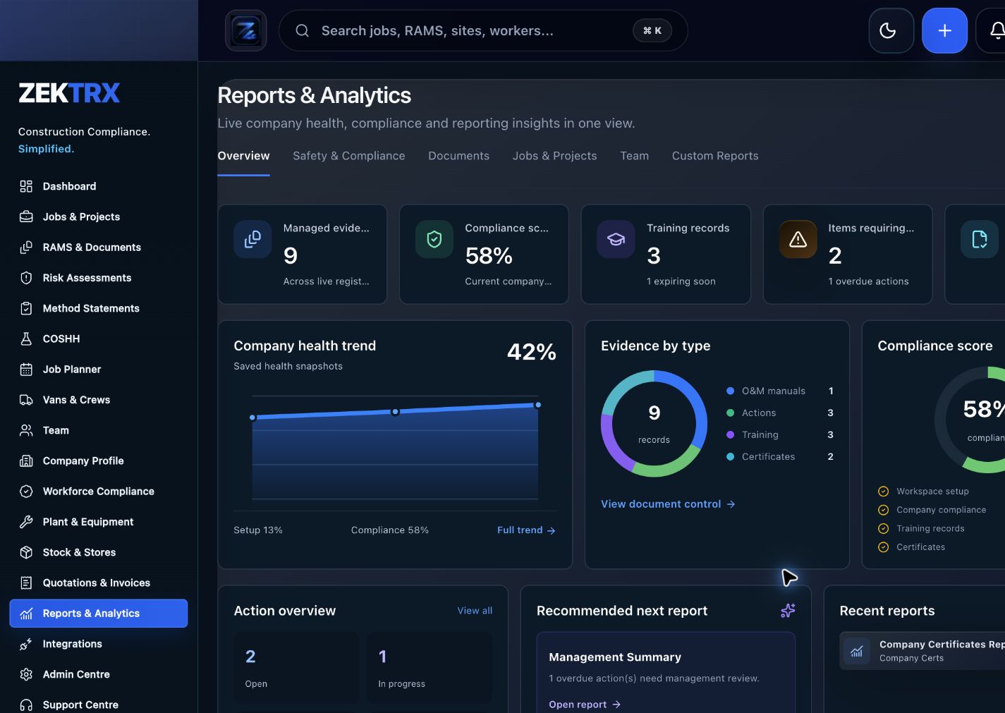 Zektrx company reports workspace for export setup and evidence summaries