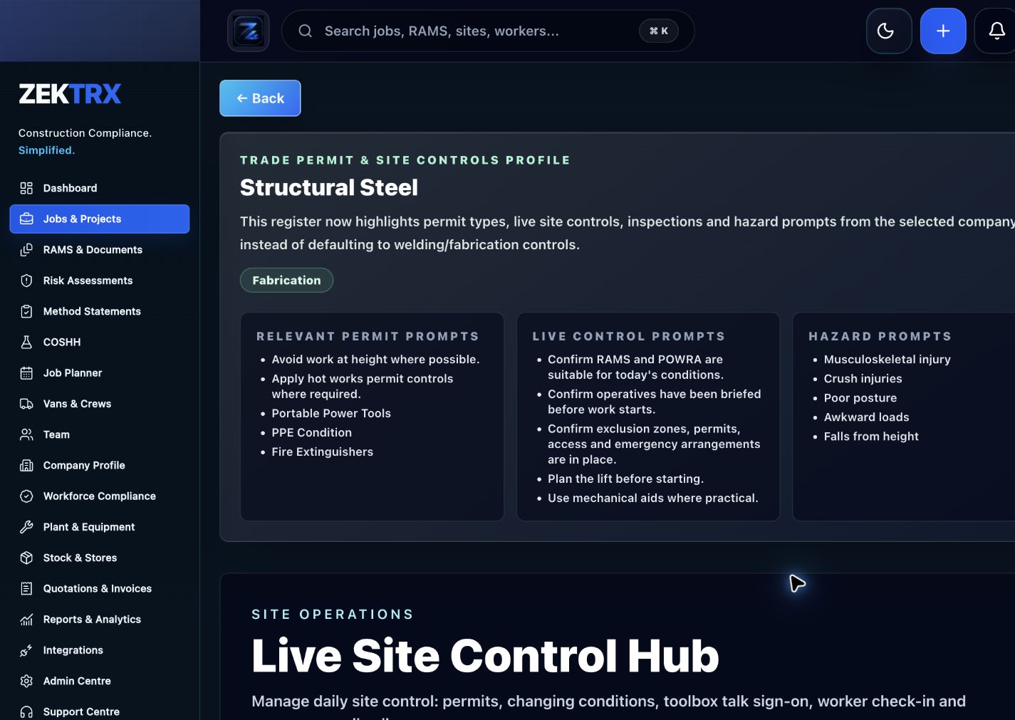 Zektrx site operations workspace preview