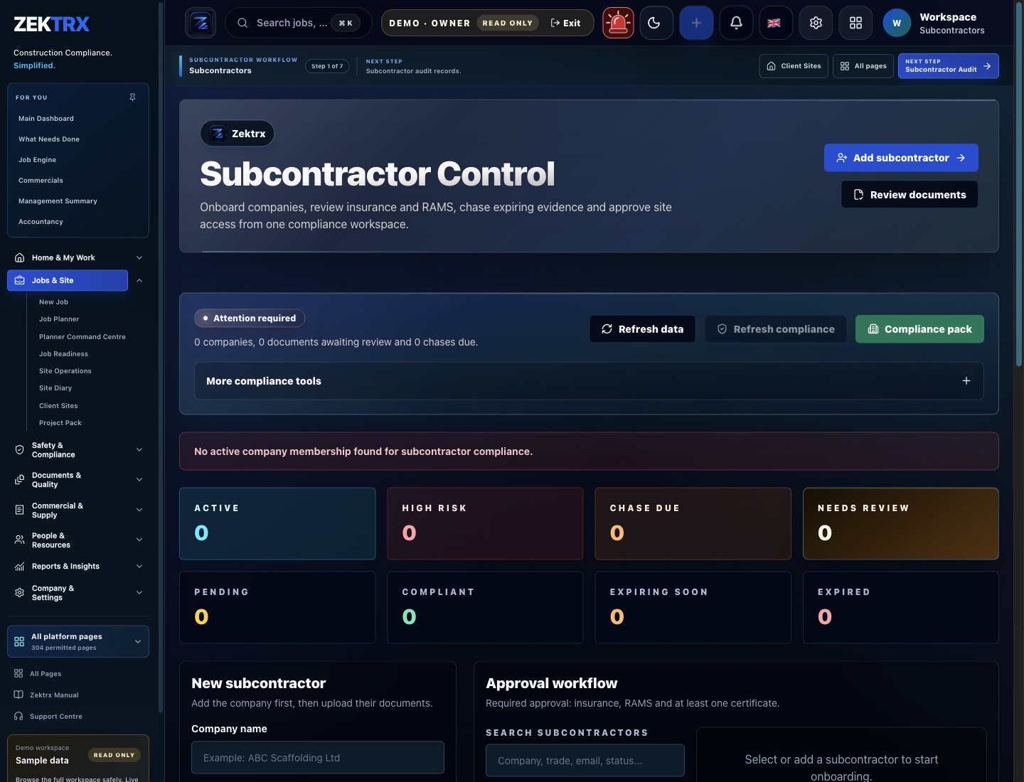 Zektrx subcontractor onboarding and approval preview