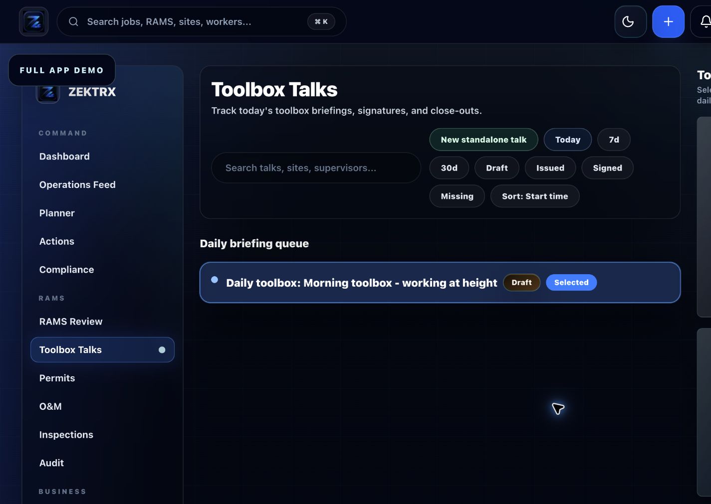 Zektrx toolbox talk workflow connected to RAMS and worker evidence