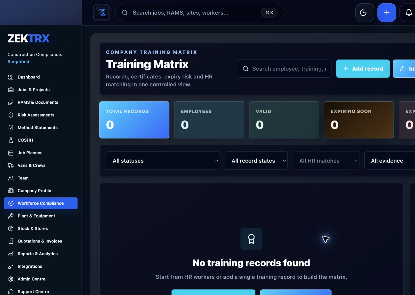 Zektrx construction training matrix preview