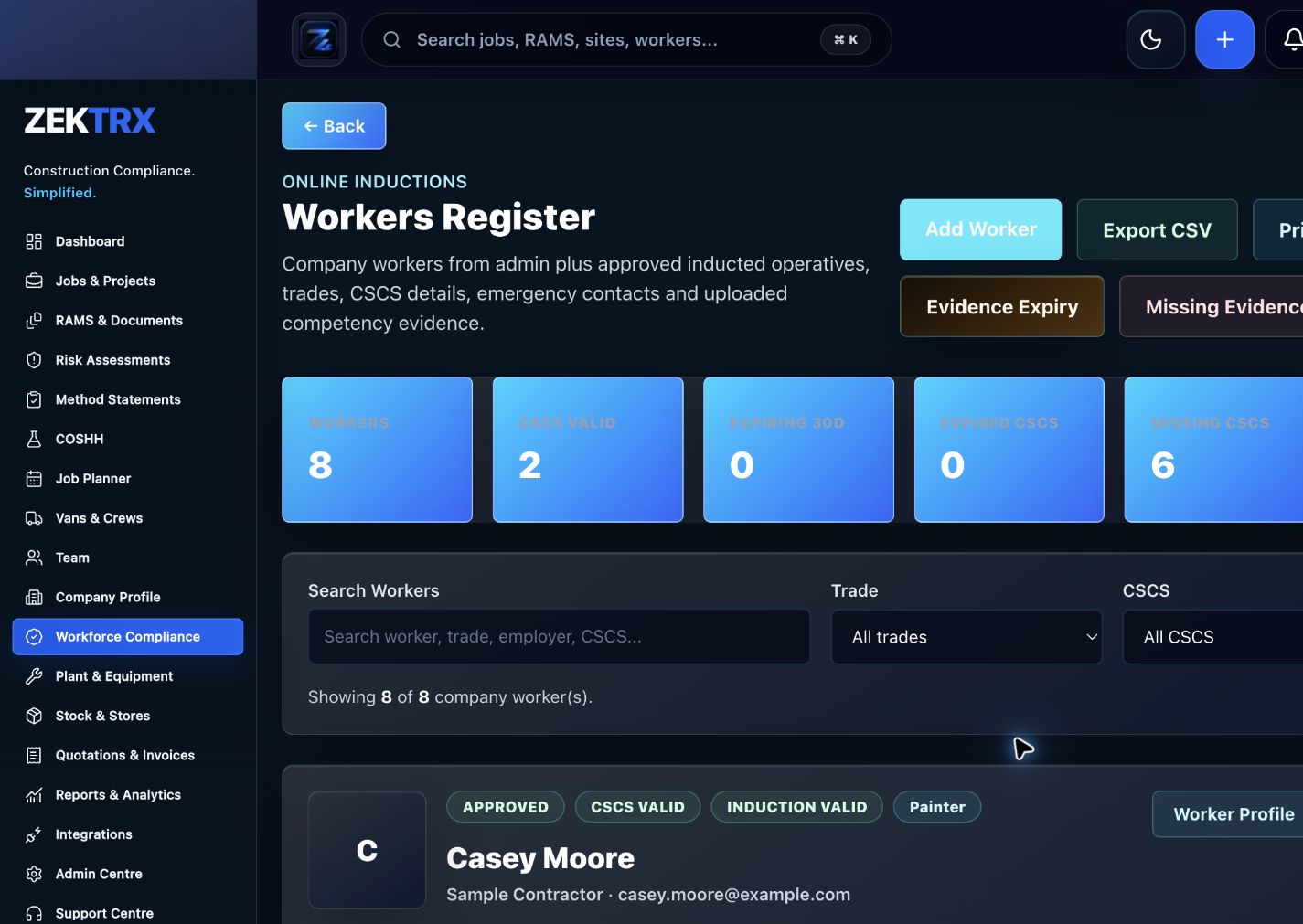 Zektrx worker records showing people and workforce information